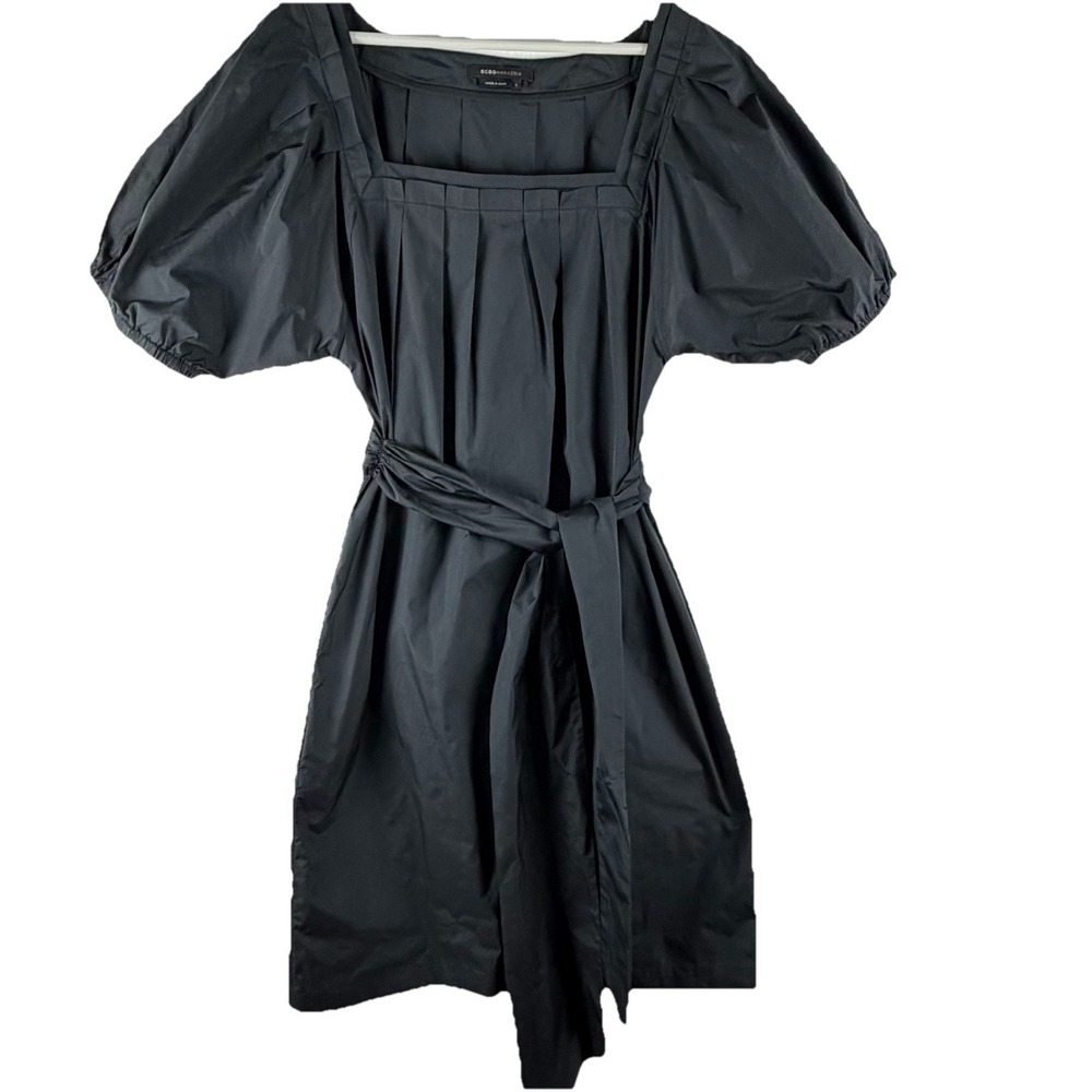BCBGMAXAZRIA Dress Puff Sleeves Black Crisp Fabric Minimalist Goth Chic Szβ L